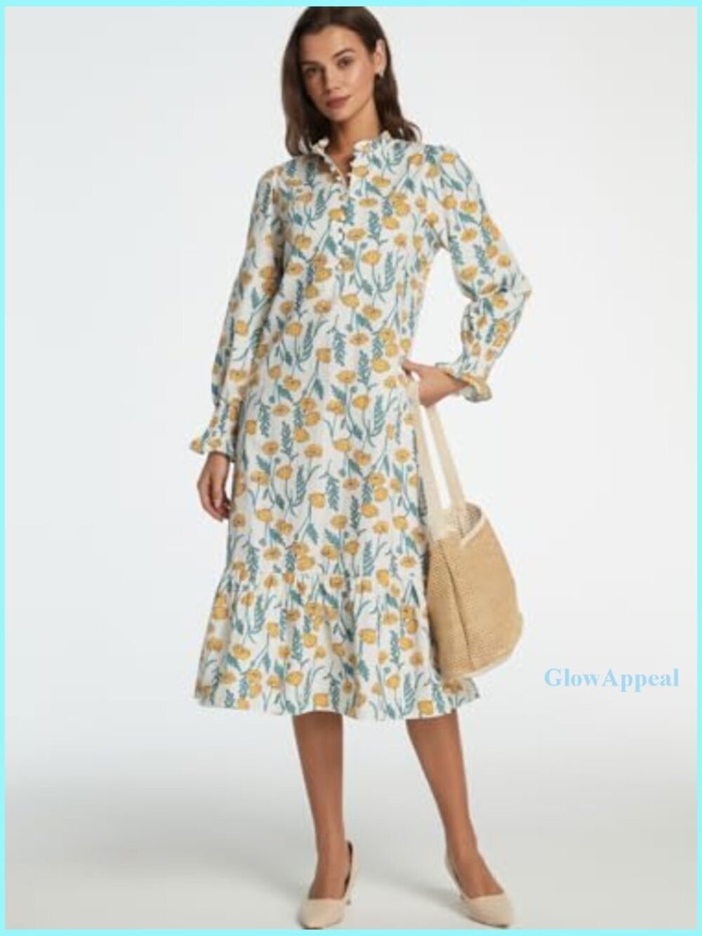 Cotton Midi Dress with Puff Sleeves and Mock Neck for Casual Wear - Picture 6 of 7